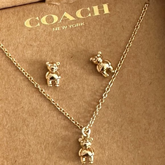 NWT Coach Teddy Bear Earrings And Necklace Set Plated Brass - Picture 2 of 3